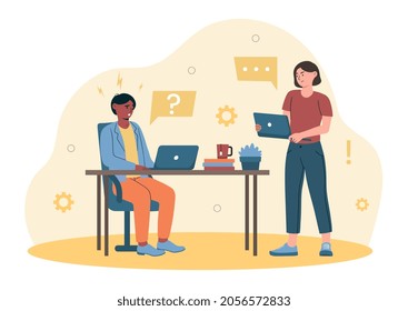 Concepto de insatisfacción laboral. Hombre y mujer discutiendo el proyecto. Empleados que no están contentos con su vida, sus problemas, su preocupación, su infelicidad. Dibujo vectorial plano de dibujos animados aislado en fondo blanco