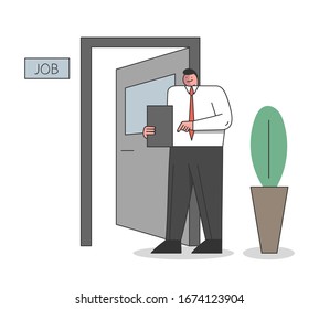 Concept Of Job Interview. Businessman Is Hiring A New Staff. Vacant Place In Office. Man Is Waiting For New Candidates At The Door In The Corridor. Cartoon Linear Outline Flat Vector Illustration