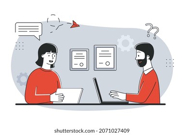 Concept of job interview. Candidate came to apply for vacancy. Portfolio, resume. Man at laptop checks knowledge and abilities of girl. Talent search, hr, recruiting. Cartoon flat vector illustration