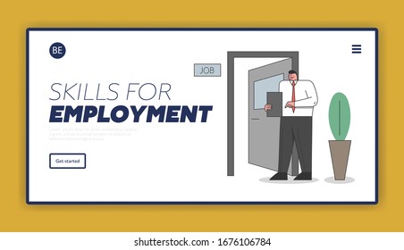 Concept Of Job Interview. Website Landing Page. Businessman Hire A New Staff. Man Is Waiting For New Candidates At The Door In The Corridor. Cartoon Linear Outline Flat Vector Illustration