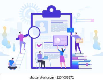 Concept of job interview, working experience, recruitment, job application. HR managers looking at curriculum vitae of job seeker. Vector flat illustration