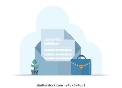 Concept job offer document in big blue envelope. email letter with briefcase. Hiring new staff. Job invitation letter after interview. Recruitment, employment contract, agreement. flat vector.