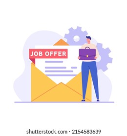 Concept of job offer, recruitment search, start career, vacancy. We’re hiring poster. Man employee with case receiving mail with job offer. Recruitment search.  Vector illustration in flat design