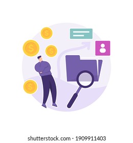 a concept of job search application or project, management document and finance. illustration of a man hovering and checking a folder. coin and magnifying glass symbol. flat style. business design