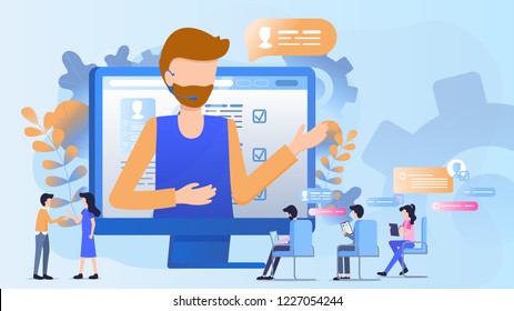 The concept of a job search candidate. Vector illustration of working cartoon characters a man is interviewed in the company of his dreams online using a computer. Job search and selection