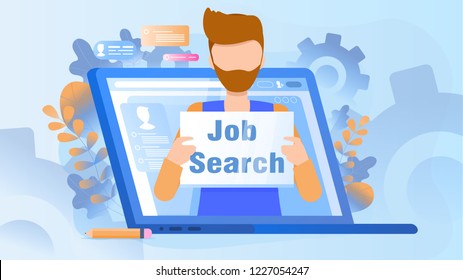 The concept of a job search candidate. Vector illustration of working cartoon characters man searching for job of his dreams. Search for more promising job and company using laptop