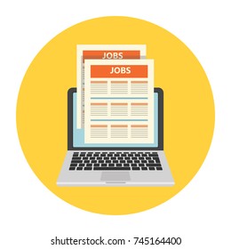 Concept of job searching. Flat newspaper on the screen. Vector illustration.