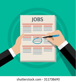 Concept of job searching. Hand holding newspaper and pencil. Flat design, vector illustration.