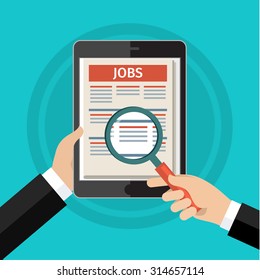 Concept of job searching. Hand holding tablet and loupe. Flat design, vector illustration.