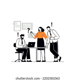 The concept of join teamwork, brainstorming, discussing ideas for project. Planning and analysis of results. Vector illustration for co-working, teamwork, workspace concept