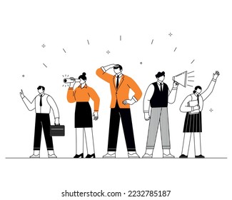 The concept of join teamwork, search for new employees, brainstorming, discussing ideas for project. Vector illustration for co-working, teamwork, workspace concept