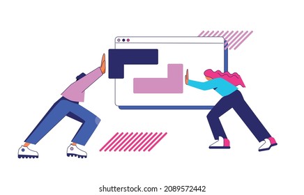 The concept of joint development - a man and a woman combine blocks - elements of the puzzle towards each other in the form of a browser. Stylized illustration isolated on white background