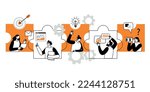 The concept of joint teamwork, building a business team. Vector illustration of working characters, people connecting pieces of puzzles. Metaphor of cooperation and business partnership.
