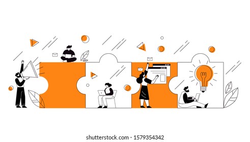 The concept of joint teamwork, building a business team. Vector illustration of working characters, people connecting pieces of puzzles.  Metaphor of cooperation and business partnership.