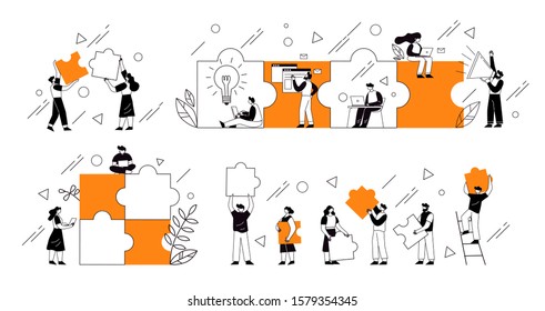 The concept of joint teamwork, building a business team. Vector illustration of working characters, people connecting pieces of puzzles.  Metaphor of cooperation and business partnership.