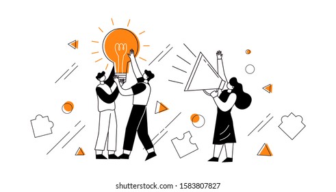 The concept of joint teamwork, building a business team. Vector illustration of working characters, holding a light bulb in their hands like a metaphor for ideas. 