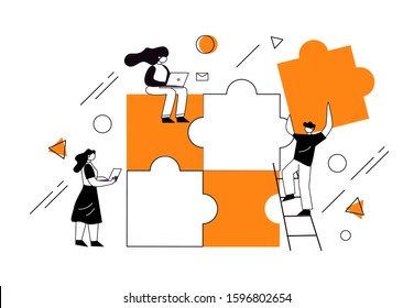 The concept of joint teamwork, building a business team. Vector illustration of working characters, people connecting pieces of puzzles. Metaphor of cooperation and business partnership.