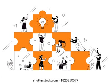 The concept of joint teamwork, building a business team. Vector illustration of working characters, people connecting pieces of puzzles. Metaphor of cooperation and business partnership. - Shutterstock ID 1825250579