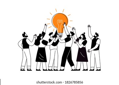 The concept of joint teamwork, building a business team. The characters of men and women hold a light bulb. The concept of idea generation, creative search.