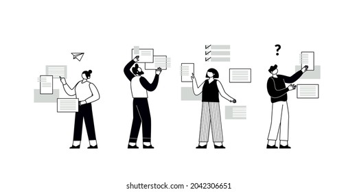 The concept of joint teamwork, building a business team. Vector illustration of working characters. Metaphor of cooperation and business partnership.