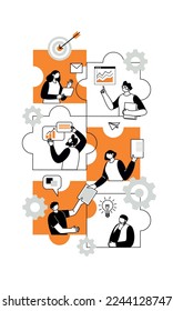 The concept of joint teamwork, building a business team. Vector illustration of working characters, people connecting pieces of puzzles. Metaphor of cooperation and business partnership.
