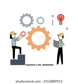 El concepto de trabajo en equipo conjunto, la construcción de un equipo de negocios. Ilustración vectorial de los personajes de trabajo, la gente comparte idea y conecta piezas de cog . Metáfora de la cooperación y la asociación empresarial