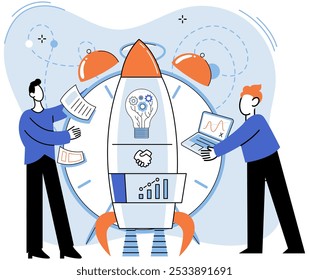 Concept of joint teamwork, building business team. Working characters, people set up spacecraft launch. Metaphor of cooperation and business partnership, solving complex problems, innovative solutions