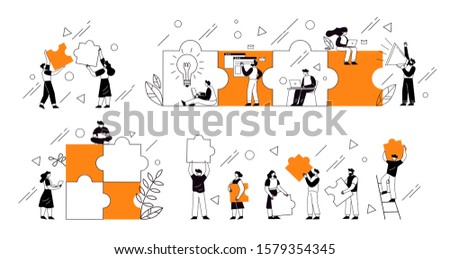 The concept of joint teamwork, building a business team. Vector illustration of working characters, people connecting pieces of puzzles.  Metaphor of cooperation and business partnership.