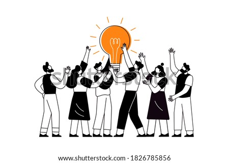 The concept of joint teamwork, building a business team. The characters of men and women hold a light bulb. The concept of idea generation, creative search.