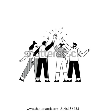 Concept of joint teamwork, building a business team. Cooperation and business partnership. Happy people giving high five. Friends greeting or supporting each other. Concept of friendship, partnership 