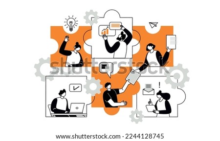The concept of joint teamwork, building a business team. Vector illustration of working characters, people connecting pieces of puzzles. Metaphor of cooperation and business partnership.
