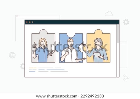 The concept of joint teamwork, building a business team. Vector illustration of working characters, people connecting pieces of puzzles. Hand drawn style vector design illustrations.
