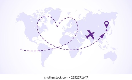 Concepto del viaje del amor contra el fondo del mapa del mundo.Logo del camino de un punto a otro con el corazón. Vector