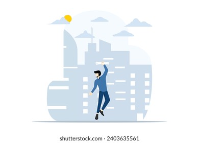 Concept of joy over an achievement, a character in a business suit happily jumping holding papers, happy man, proud of success in business. brilliant career. flat vector illustration.