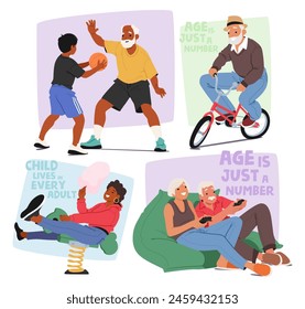 Concept of The Joy Of Youthful Spirits In Seniors. Playful Older Man Playing Basketball, Cycling With Glee, Woman On A Spring Chair And Couple Enjoying Video Games. Cartoon People Vector Illustration