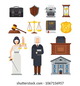 Concept of the judicial system. Judges portfolio, shield security guarantee, printing machine, hourglass, symbols of justice and balance, courthouse, judge and statue of justice. Vector illustration.