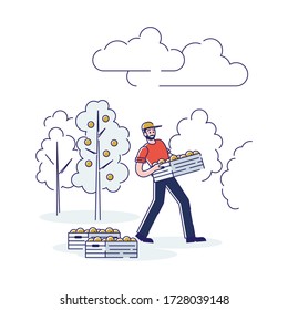 Concept Of Juice Production. Male Character Is Working On Plantation, Carrying Wooden Box With Oranges To Loading For Further Transportation. Cartoon Linear Outline Flat Style. Vector Illustration