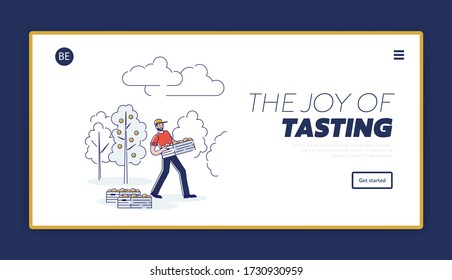 Concept Of Juice Production. Website Landing Page. Male Character Is Working On Plantation, Carrying Wooden Box With Oranges To Loading. Web Page Cartoon Linear Outline Flat Style Vector Illustration
