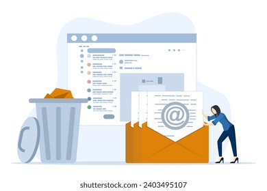 Konzept von Junk-Internet-Nachrichten in Mailbox, Phishing-E-Mails und Werbetriefen. Geschäftscharakter, der Spam-E-Mails in den Müll bringt. flache Vektorgrafik auf weißem Hintergrund.