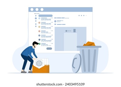 Concepto de mensajes de internet basura en el buzón, correos electrónicos fraudulentos y cartas publicitarias. personaje de negocios que lleva correos basura a la basura. ilustración vectorial plana sobre fondo blanco.