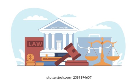 Concepto de justicia, corte, gavel, libro de leyes y báscula. Servicios de abogados, abogados o notarios, jurisprudencia y legislación. Instituciones estatales. Tribunal Supremo. Ilustración del vector