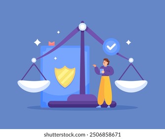 concept of justice and law. rules and regulations. court hearing. illustration of a male lawyer with scales and a law book. flat style design. graphic elements