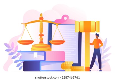 Concept of justice. Man with judges gavel against background of documents and scales. Law and jurisprudence, democracy. Authority government justice. Cartoon flat vector illustration