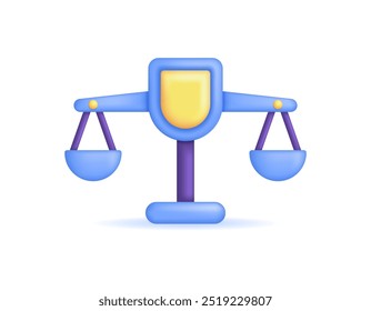 concept of justice and trial. judgment, punishment, legislation and law. regulations and policies. illustration of scales with shield. symbol or icon. minimalist 3d style design. elements