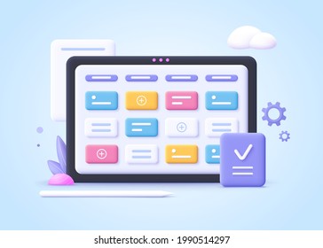 Concept of kanban board, agile project management concept, work schedule organization, time planning and workflow managing.3d realistic vector illustration.
 