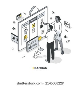 Concept of Kanban system. Team members stand in front of Kanban board, move cards and plan working process. Isometric vector illustration with isolated objects