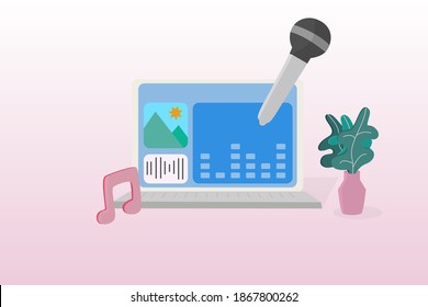 Concept of karaoke or workspace of sound engineer. Music player on the computer. Notes. Microphone. Empty space for text