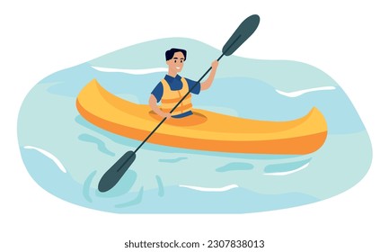 Concept of kayaking. Man swims in lake or river on kayak, canoe. active lifestyle and extreme sport. Athlete or sportsman in competition. Holiday and vacation. Cartoon flat vector illustration