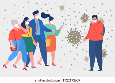 Concept of keep distance. Man coughing in a crowd. Sad people wearing protective face masks. Stop 2019-nCoV Novel Corona virus. Flat design, vector illustration.
