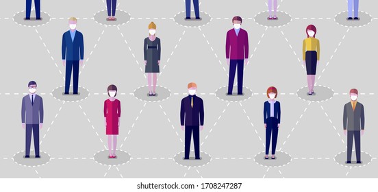 Concept of keep a distance. People wearing protective face masks. 2019-nCoV Novel Corona virus. Flat design. Vector illustration.